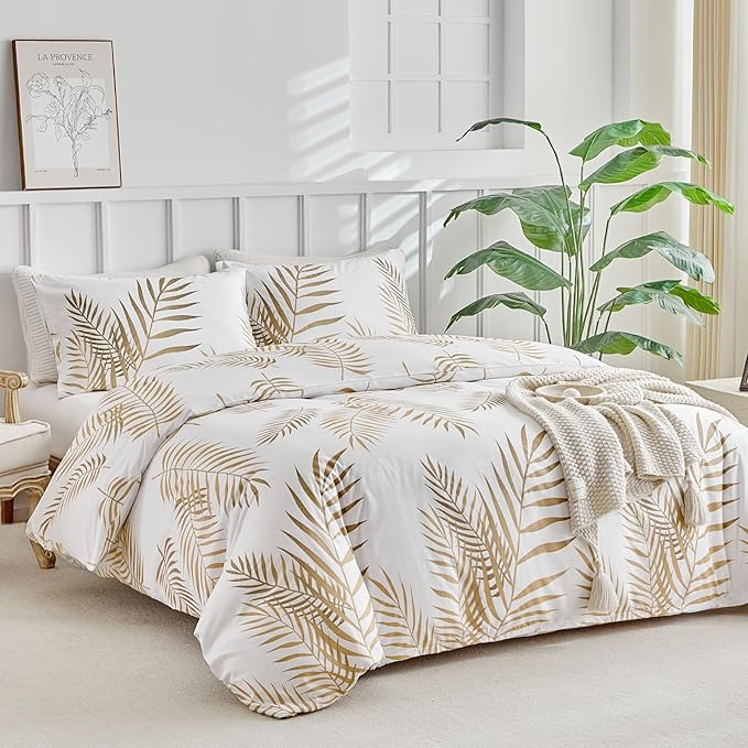 Lekesky Queen Duvet Cover Set, White and Gold Tropical Palm Leaf Pattern Comforter Cover Queen Size, 3 Pieces Soft Microfiber Bedding Sets with Zipper & 2 Pillowcases, Comforter Not Included
