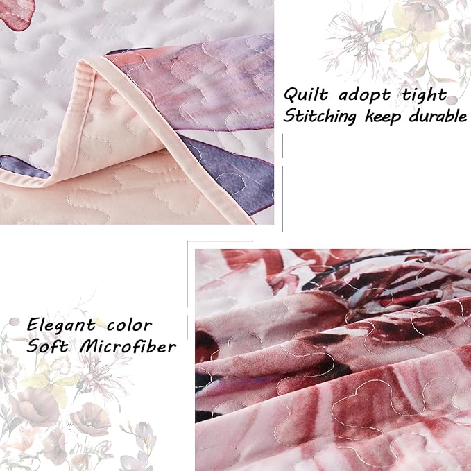 Yogeneg Full Queen Size Quilt Set,Elegant Floral Botanical Pattern Pink Bedding Set,3 Piece Lightweight Soft Summer Bedspread Coverlet with 2 PIillow Sham for All Season(Blush Floral,90"x96")