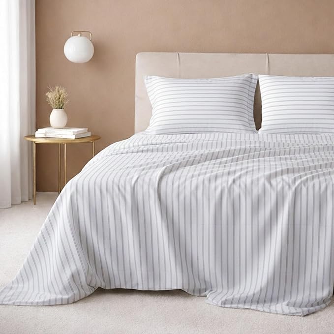 California Design Den King Size Sheet Set - 100% Cotton, 600 Thread Count, Deep Pocket King Sheets, Premium-Feel Bedding with Sateen Weave - Ticking Stripe Pattern