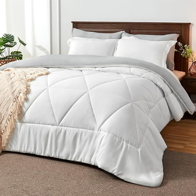 BEDELITE California King Size Comforter Set 7 Pieces Bed in A Bag - Soft Microfiber Reversible Cal King White Bed Set with Comforters, Sheets, Pillowcases & Shams, Cozy Bedding Sets for All Season