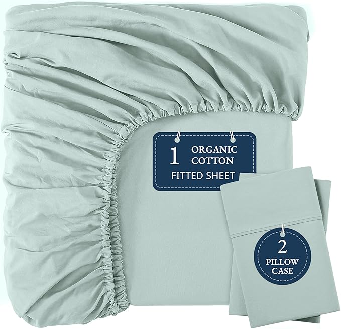 LANE LINEN Twin XL Fitted Sheets, 100% Organic Cotton 2-Piece Set (1 Fitted Sheet, 1 Pillowcase), Percale Weave, Soft, Breathable, Fits Mattress Upto 15" Deep - Cool Blue (No Flat Sheet)