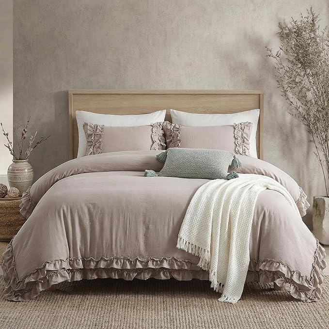 Bedorm Taupe Duvet Cover Set Queen Ruffle Bedding Set Pleat Ruffled Shabby Chic Comforter Cover Extra Soft & Easy Care Boho Duvet Cover with Zipper Closure