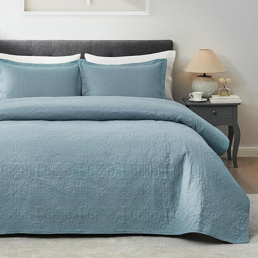 Hansleep Blue Quilt King Size - Baroque Ultrasonic All Season Bedspread King, Soft Lightweight Coverlet Bedding Set, 3 Pieces (1 Quilt, 2 Pillow Shams)