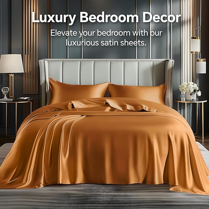 BEDELITE California King Sheets Set, Luxury Soft Burnt Orange Satin Sheets for Hair and Skin, Similar to Silk Bed Sheets Set 4 Pieces with 1 Deep Pocket Fitted Sheet, 1 Flat Sheet, and 2 Pillowcases