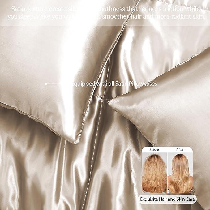 Whale Flotilla 2-Piece Reversible Silky Soft Twin Size Comforter Bedding Set, Luxurious Satin Comforters with Satin Pillowcase, Lightweight Duvet for All Seasons, Champagne