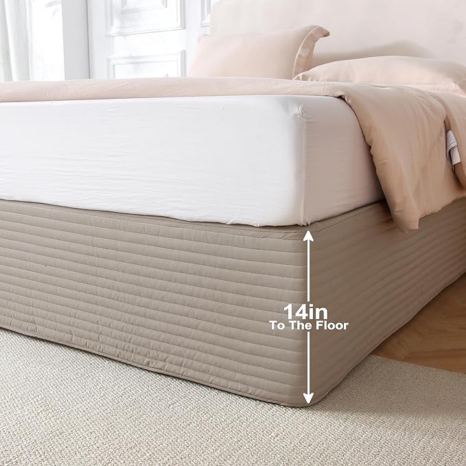 Full Size Khaki Bed Skirt with 14-Inch Drop, Easy Fit Wrap-Around Cover for Bed, Wrinkle-Free and Fade-Resistant Box Spring Cover. (Linen Stripes, Full)