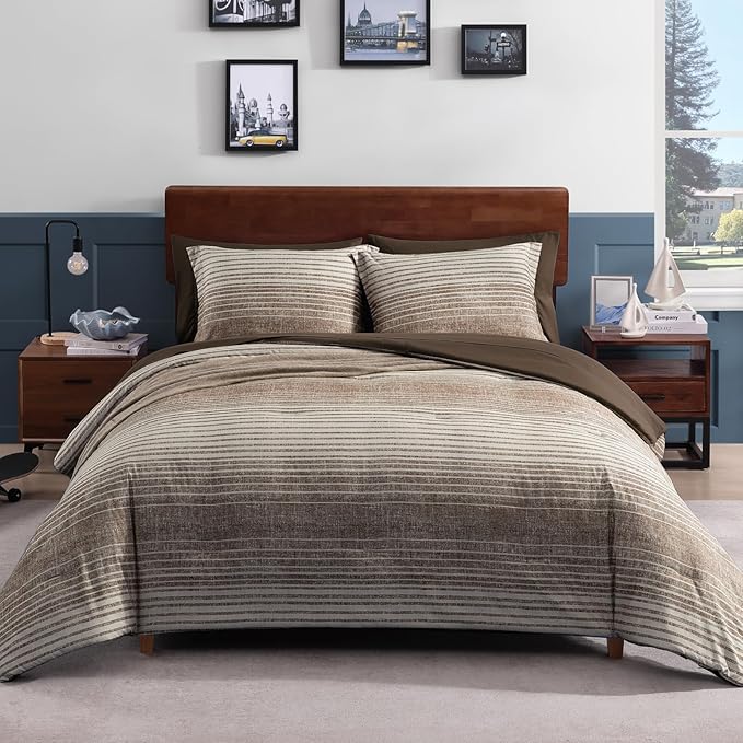 Queen Comforter Set Striped, Chocolate Brown Bedding Set 7 Pieces for Boys Girls Teen, All Season Bed in a Bag for Dorm with Sheets, Pillowcases & Shams