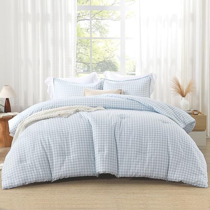 Andency Blue Checkered Comforter King(104x90Inch), Plaid Gingham Buffalo Grid Bedding Comforter Sets for Boys Kids Teens, 3 Pieces Lightweight Microfiber Geometric Preppy Bed Set