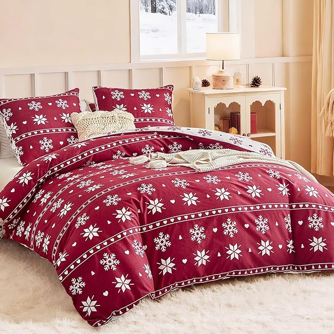 Lekesky Duvet Cover Queen Size,3 Pieces Reversible Duvet Cover Set with Snowflake Red Bedding Set with Zipper and 8 Corner Ties, 1 Duvet Cover 90x90 inches + 2 Pillowcases