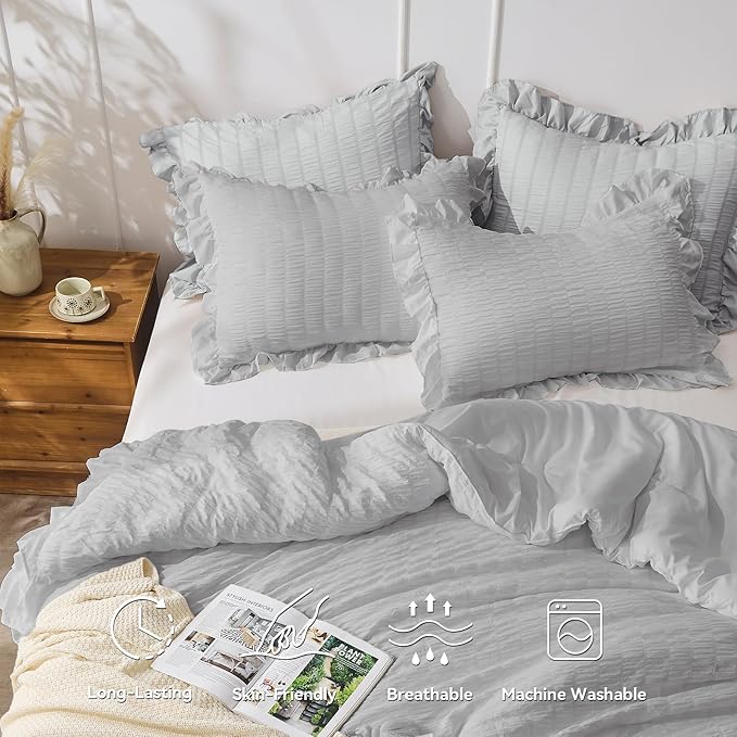 JOLLYVOGUE Light Grey Twin Size Comforter Set, 2 Pieces Seersucker Lightweight Fluffy Bedding Set, Twin Ruffle Comforter, All Season Soft Microfiber Shabby Chic Bed Set
