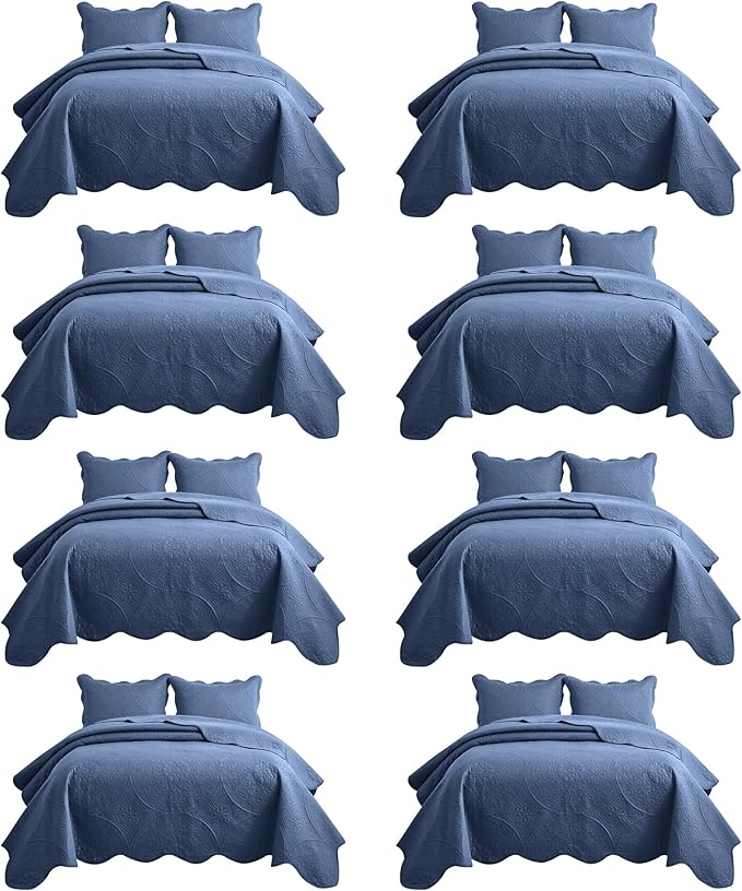 IR Imperial Rooms 8 Pack Quilt King Size Bedding (106" x 96") - Bulk Wholesale for Hotels, Guest Bedroom & Airbnbs - Lightweight Microfiber Reversible Floral Embossed Quilts Bedspreads (Light Blue)