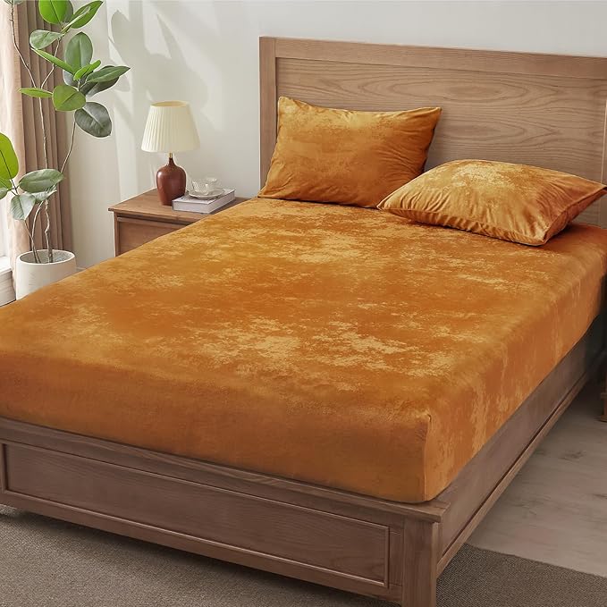 BEDELITE Velvet Fitted Sheet and Pillowcase Set, Luxury Soft Fuzzy Bottom Sheet with Reinforced Elastic Corner Straps, Deep Pocket up to 15 Inch, 1 Fitted Sheet and 1 Pillowcase (Twin, Burnt Orange)