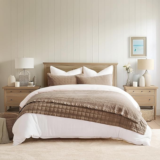 EVERGRACEHOME Stonewashed Cotton Quilt Set King Size, Ultra Soft Oversized Bedspread Coverlet Set, Lightweight Crinkle Box Stitch Bedding Sets for All Season, with 2 Shams, Mocha Brown