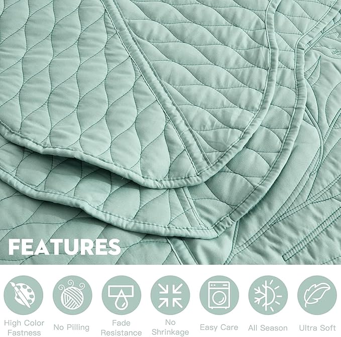 Botanical Oversized Bedspread King Size - Leaves Pattern Stitching Quilt Set - Elegant & Fresh Style Bedding Coverlets, Reversible, Lightweight, 5 Piece, Seaglass