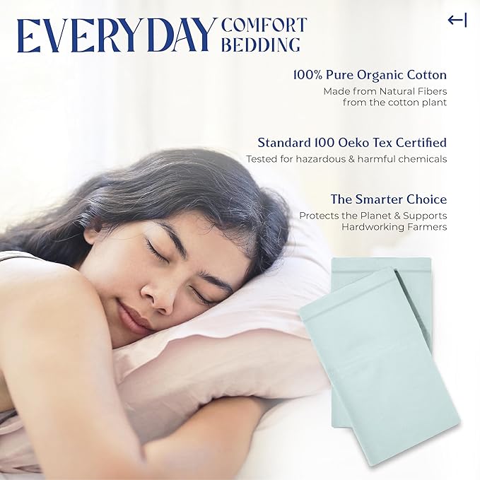 Mayfair Linen 100% Organic Cotton King Size Pillow Cases Set of 2 - Ultra Soft Hotel Quality King Pillow Covers, Authentic GOTS Certified, Crisp, Cooling Percale Weave Cotton Pillowcases - Sea Foam