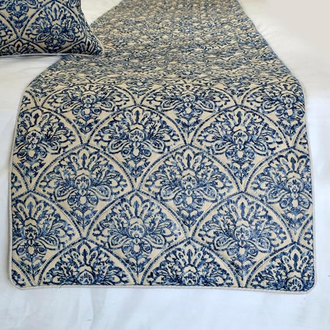 The HomeCentric King/Queen/Twin Blue Decorative Full 68"x18" Bed Runner with Pillow Cover, Embroidery, Quilted Bed Scarf on Cotton Fabric - Farzeen Blue