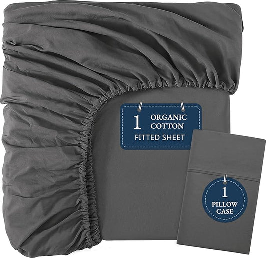 LANE LINEN Fitted Sheets Twin Size, 100% Organic Cotton 2-Piece Set (1 Fitted Sheet, 1 Pillowcase), Percale Weave, Ultra Soft, Breathable,Fits Mattress Upto 15'' Deep - Charcoal (No Flat Sheet)