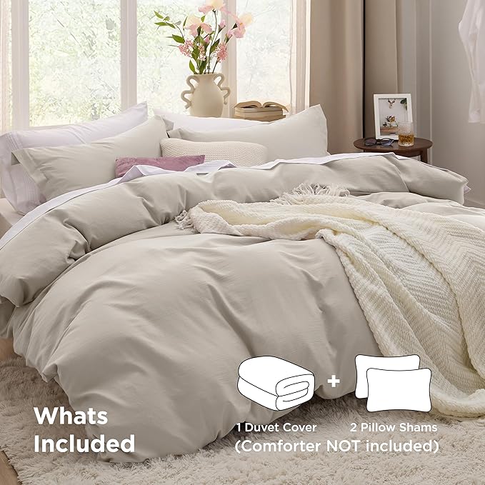 Bedsure Oversized Queen Duvet Cover - 3 Pieces Prewashed Cotton-Like Polyester Extra Soft Bedding Set, Includes 1 Duvet Cover 98x98 Inches with Zipper Closure & 2 Pillow Shams, Linen, No Comforter