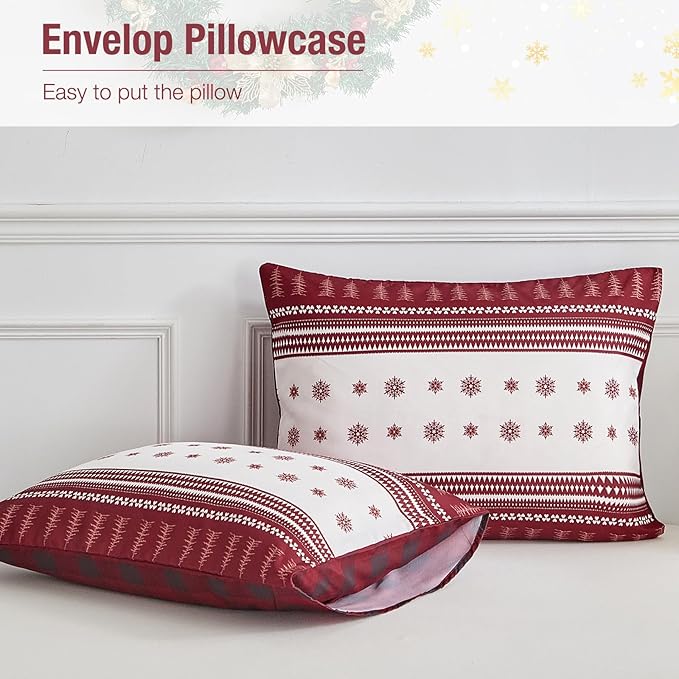 Lekesky Christmas Duvet Cover Queen Size,3 Pieces Reversible Red Plaid Reindeer Snowflake Holiday Bedding Set with Zipper Closure and Corner Ties(1 Duvet Cover 90x90 inches + 2 Pillowcases)