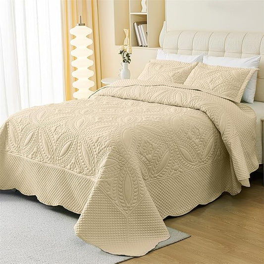 Cmfshape Oversize King Bedspread 114"x102",3 Pieces California King Size Quilt,Lightweight Beige Quilt Set for All Season,Modern Coin Pattern Bedding Set(1 Quilt,2 Pillowshams)