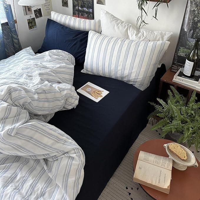 mixinni Vintage Blue & White Striped Duvet Cover Set - 3 Piece 100% Washed Cotton Twin XL Size Bedding | Minimalist Relaxed Style | Ultra Soft Breathable, with Zipper Closure & Corner Ties