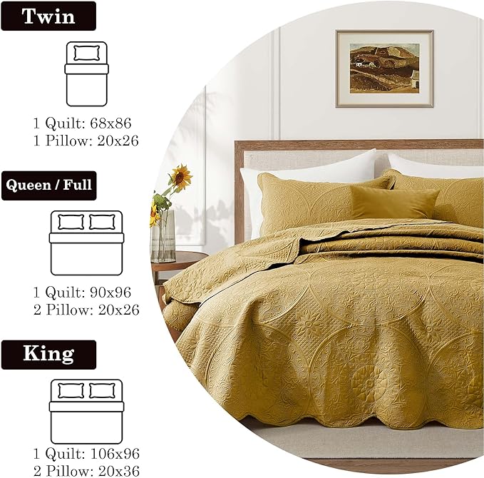 IR Imperial Rooms 8 Pack California King Quilt Bedding Set (118"x106") - Bulk Wholesale for Hotels, Guest Bedroom & Airbnbs - Microfiber Reversible Floral Embossed Quilts Bedspreads (Ochre)