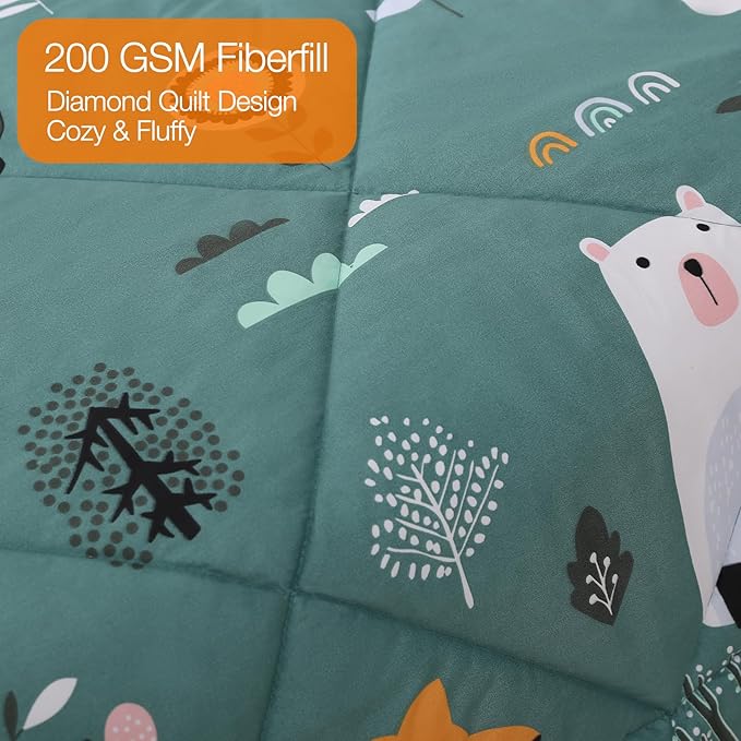 JSD Green Forest Animals Kids Comforter Set Full Size, 3 Piece Woodland Printed Microfiber Bedding Set, Machine Washable