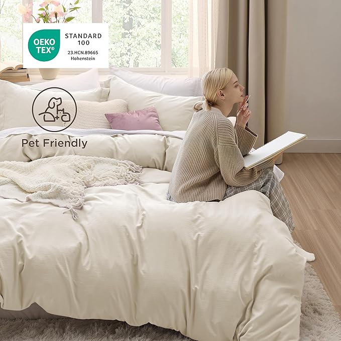 Bedsure Oat Milk Duvet Cover Queen Size - 3 Pieces Prewashed Cotton-Like Polyester Extra Soft Bedding Set, Includes 1 Duvet Cover 90x90 Inches with Zipper Closure & 2 Pillow Shams, No Comforter