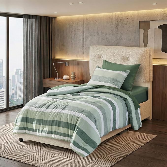 Twin Size Striped Comforter Set, Soft Microfiber Reversible Bedding Sets for All Season 5 Pieces Bed in A Bag Set with Comforter, Sheets, Pillowcase & Sham, Sage Green