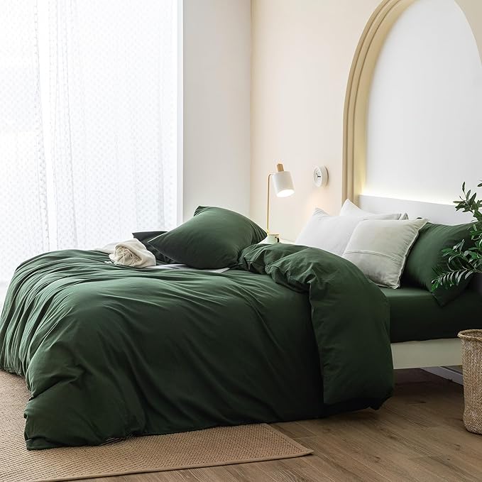 JIYUAN 100% Washed Cotton Duvet Cover Set Queen Size 3 Pieces, Linen Feel Soft Breathable Bedding Set with Zipper Closure, 90x90 Duvet Cover (Comforter Not Included) & 2 Pillowcases,Forest Green