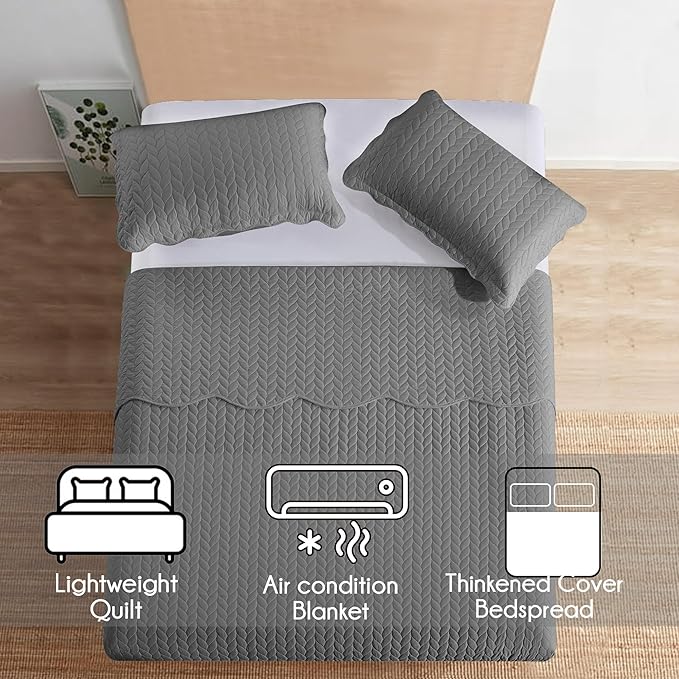 IR Imperial Rooms Twin Quilt Bedding Set Size (68” x 86”) + 1 Pillow Shams (20” x 26” + 2”) - 2 Pcs All Season Lightweight Reversible Microfiber Coverlet Embossed Quilt Bedspread (Grey)