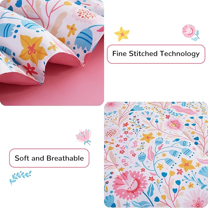 Viviland Kids Twin Bedding Sets for Girls, Soft Twin Comforter Set with Sheets, 5 Pieces Microfiber Bed in a Bag, Colourful Floral