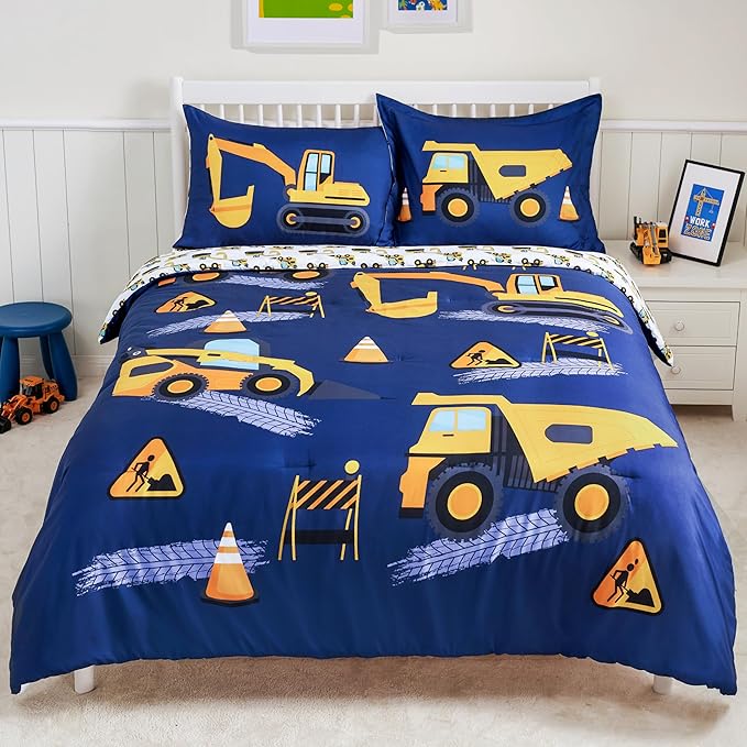 Joiedomi Kid Twin Comforter Set 5 Piece Construction Vehicle Bedding Set for Boys Girls Super Soft Microfiber Bed in a Bag with Comforter Sheets Pillowcase Sham