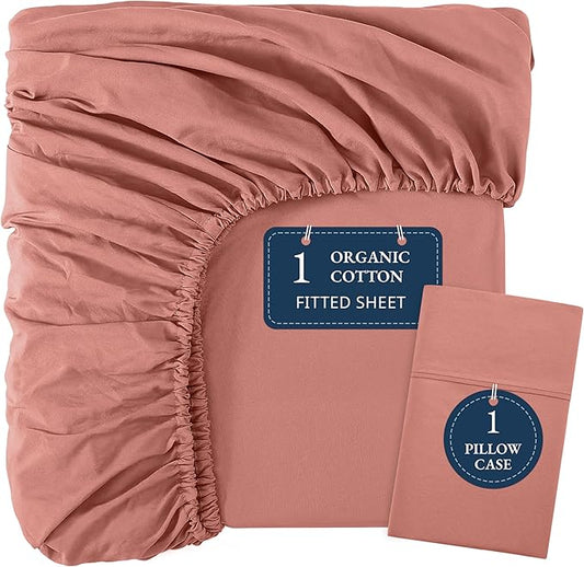 LANE LINEN 100% Organic Cotton Twin Fitted Sheet, 2-Piece Set (1 Fitted Sheet, 1 Pillowcase), Percale Weave, Lightweight, Soft, Breathable, Fits Mattress Upto 15' Deep - Rose Dawn (No Flat Sheet)