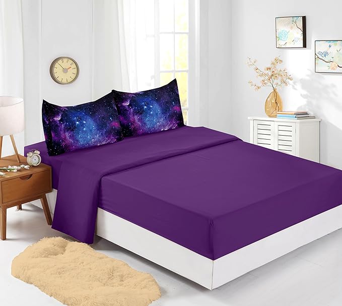 Galaxy Full Bedding Sets,7PCS Galaxy Comforter Sets,Purple Comforter,Girls Bed Sets Full,Bed in a Bag with Flat Sheet and Fitted Sheet,Pillowcases,Cushion Covers for Girls