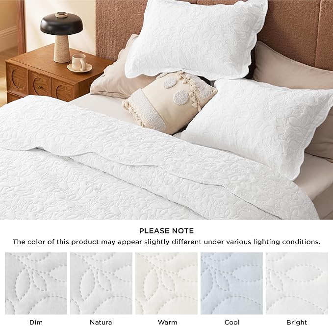 Bedsure Quilts Queen Size - Ultra Soft Pre-Washed Cloud-Like Bedding, All-Season Lightweight Comforter for Country Bedroom, Leaf Design Coverlet in Pure White, 90 x 96 Inches