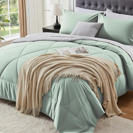 BEDELITE California King Size Comforter Set 7 Pieces Bed in A Bag - Soft Microfiber Reversible Cal King Sage Green Bed Set with Comforters,Sheets,Pillowcases & Shams,Cozy Bedding Sets for All Season
