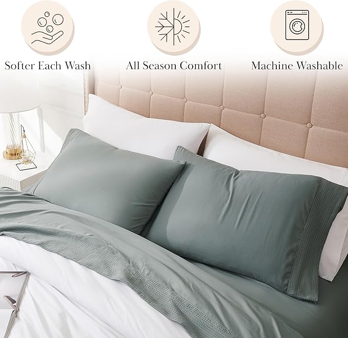 Southshore Fine Living, Inc. 4-Piece Bed Sheet Set, 21-Inch Queen Size Sheet Set Deep Pocket, with 1 Queen Fitted Sheet, Pleated Queen Flat Sheet, and Queen Pillow Cases Set of 2, Steel Blue Sheets