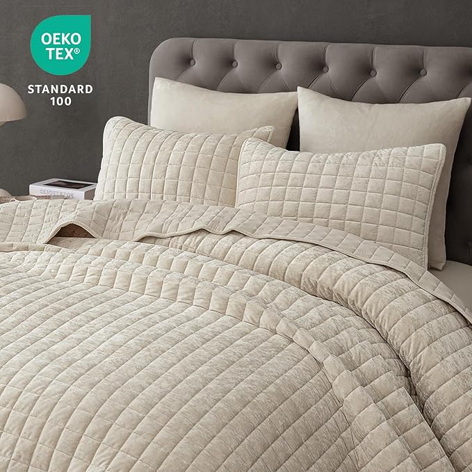 PHF Luxurious Velvet Quilt Set Queen Size – 3PCS Super Soft Quilted Comforter Alternative with Square-Box Quilt Pattern, Warm Quilted Bedspread Coverlet, 90" x 92", Sand