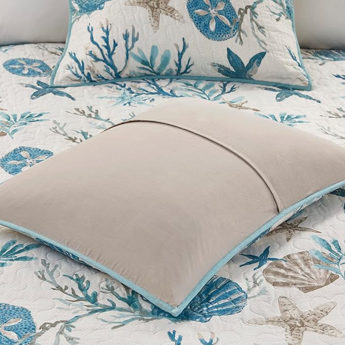 Madison Park Quilt Set Cottage Coastal Design, Starfish Print - All Season, Coverlet Bedspread Lightweight Bedding Layer, Shams, Toss Pillows, King/Cal King(104"x94"), Pebble Beach Aqua 6 Piece