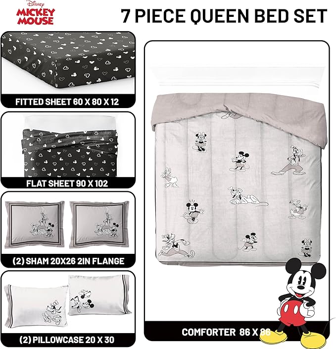 Jay Franco Kids Comforter Set Includes Sheets and Pillow Covers - Soft and Cozy Bed Set for Stylish Room Decor, Official Licensed Bedding, Beige - Mickey and Friends, 7 Piece Queen