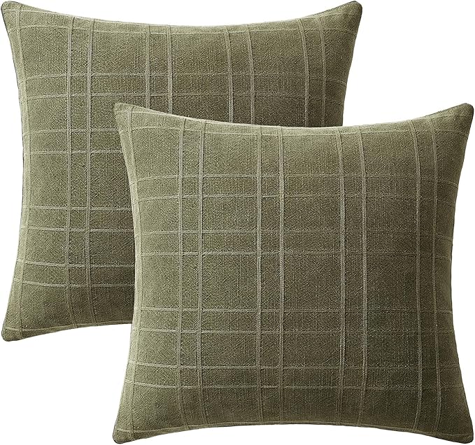 MIULEE Decorative Linen Check Throw Pillow Covers Neutral Farmhouse Vintage Spring Pillow Covers 20x20 Set of 2 Boho Modern Home Decor for Sofa Couch Bedroom Cushion Sage Green