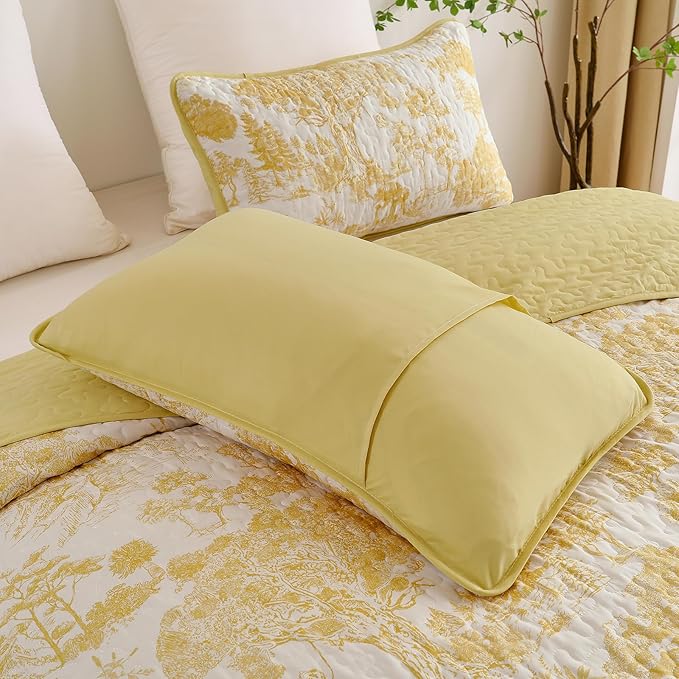 WONGS BEDDING Botanical Quilt Set Queen Size, Yellow 3 Pieces Toile Floral Plants Printed Bedspread Bedding Set Soft Lightweight Microfiber Coverlet Set for All Season (96"x90")