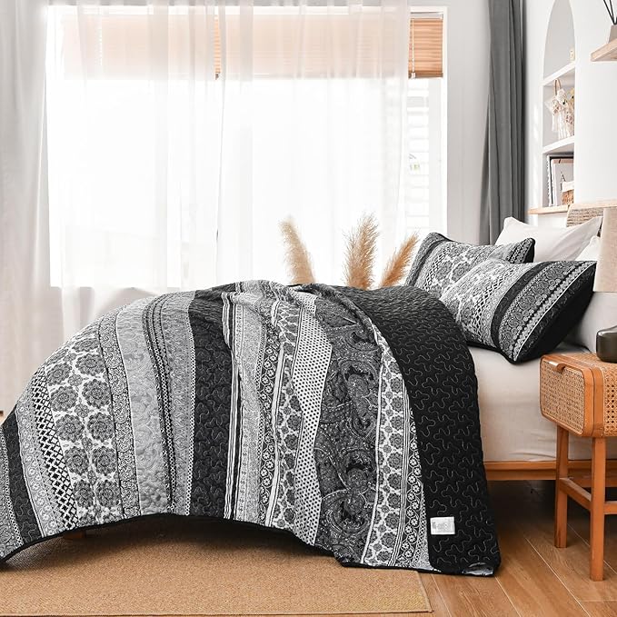 WONGS BEDDING Boho Quilt Set King Size, Grey Bohemian 3 Pieces Quilt Sets, Lightweight Bedspread Coverlet Bedding Set for All Season (104"x90")