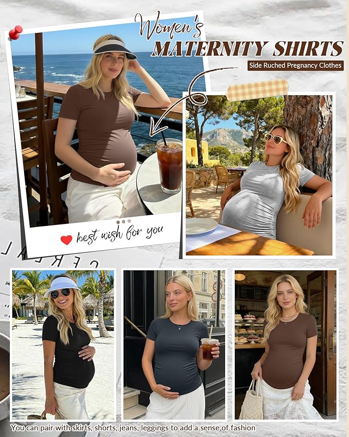 Huukeay 4 Pack Women's Maternity Shirts, Crew Neck Maternity Top Short Sleeve Casual Cotton Tee Side Ruched Pregnancy Clothes