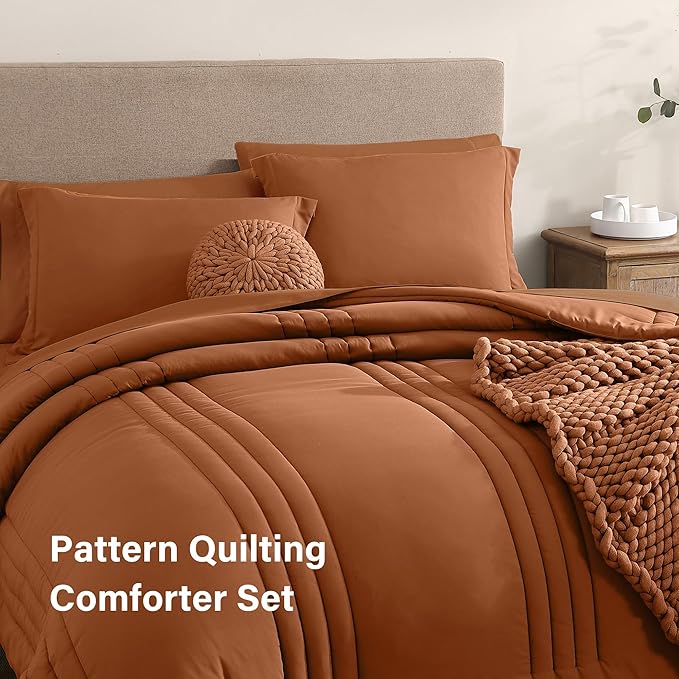 Monbix California King Size Comforter Set - 7 Pieces Bed in a Bag, Burnt Orange Bedding Sets with Comforter, All Seasons Comforter Bed Set with Sheets, Pillowcases & Shams