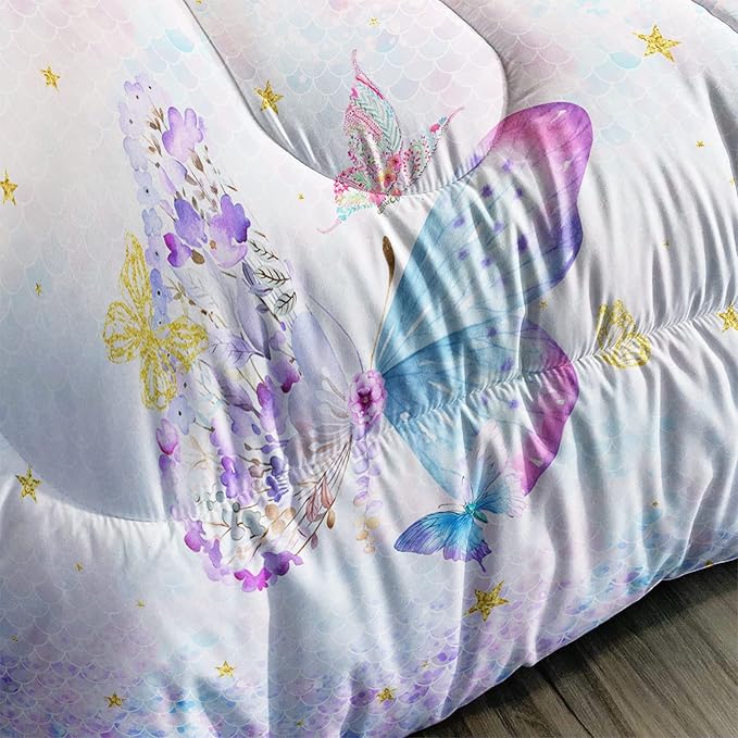 Axolotl Butterfly Bedding Full,Rainbow Butterfly Comforter Set for Girls Teens,Butterfly Bedding for Girls with Golden Star Scales Pattern,Butterfly Printed Quilt Set with 1 Comforter 2 Pillowcases