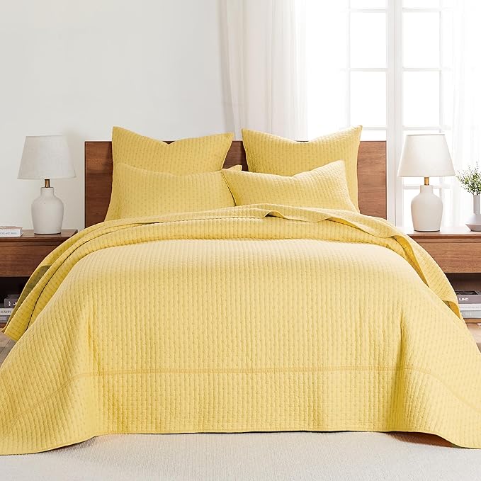 Levtex Home Cross Stitch Reversible Full Bedspread Set (100x104in) with 2 Pillow Shams (26x20in) - Stitch Texture - Yellow - Cotton Full Size Bedspread Set - Lightweight, Soft, Pre-Washed
