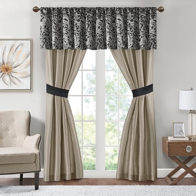 Madison Park Essentials Brystol 24 Piece Room in a Bag Faux Silk Comforter Jacquard Paisley Design Matching Curtains Down Alternative All Season Bedding-Set, Black 24 Piece, King(104 in x 92 in)