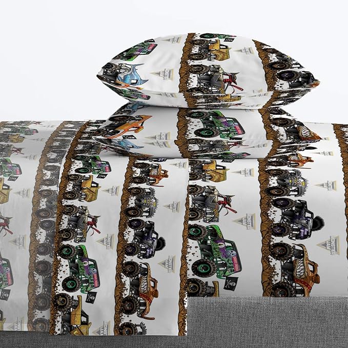 Jay Franco Kids Sheet Set with Fitted, Flat Sheets & Pillow Cover - Ultra-Soft Bedding with Pillowcase for Room Decor, Multi - Monster Jam, 4 Piece Queen